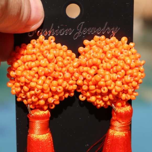 New! Large Orange Boho Earrings Post Drop Tassels - Picture 3 of 5